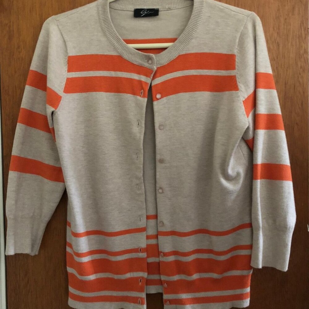 Eyn, Beige/Tan and Orange, Striped, Button Down, Women's Cardigan, Size: Medium
